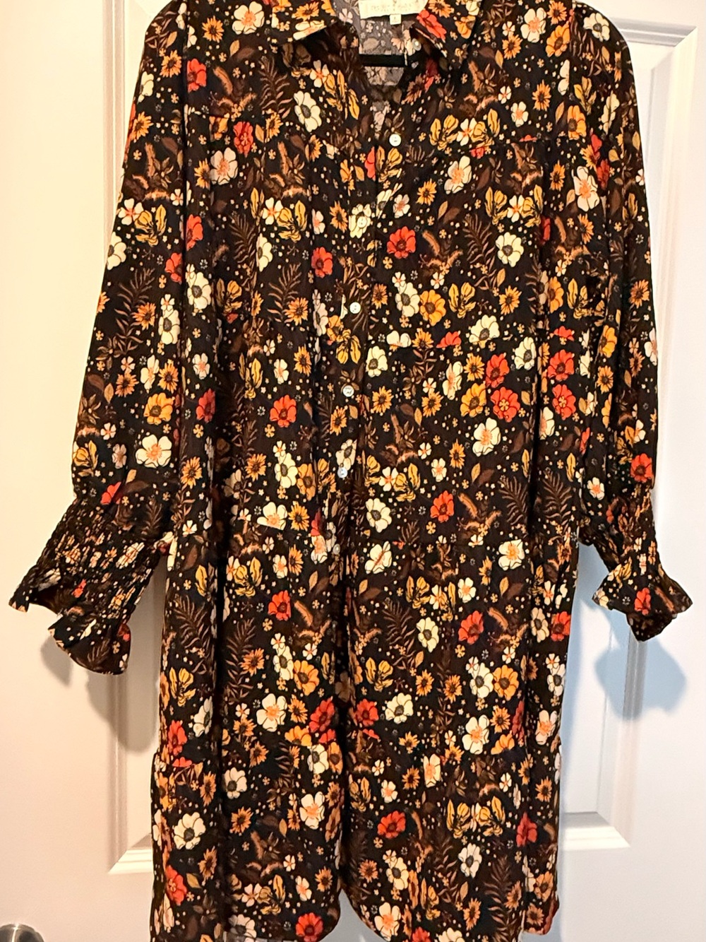 Simply Southern Black Long-Sleeve Floral Button-Front Dress w/Pockets